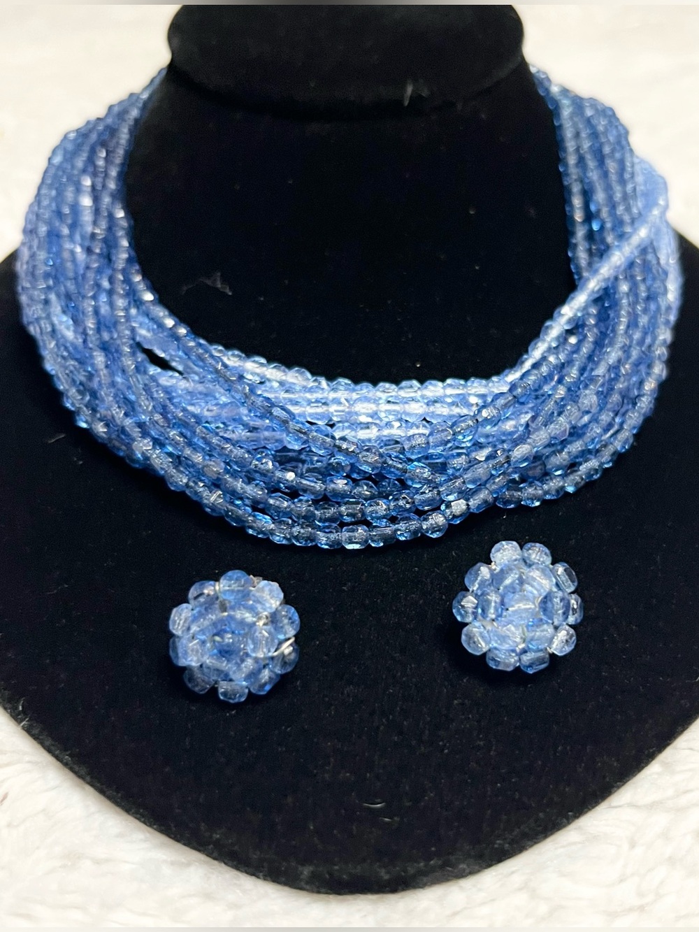 Vintage West Germany Blue Glass Bead Multi-Strand Necklace & Clip-On Earring Set